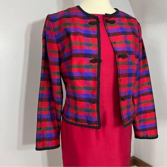 Vintage Talbots red silk midi dress and colorful plaid collarless blazer jacket - Picture 8 of 13